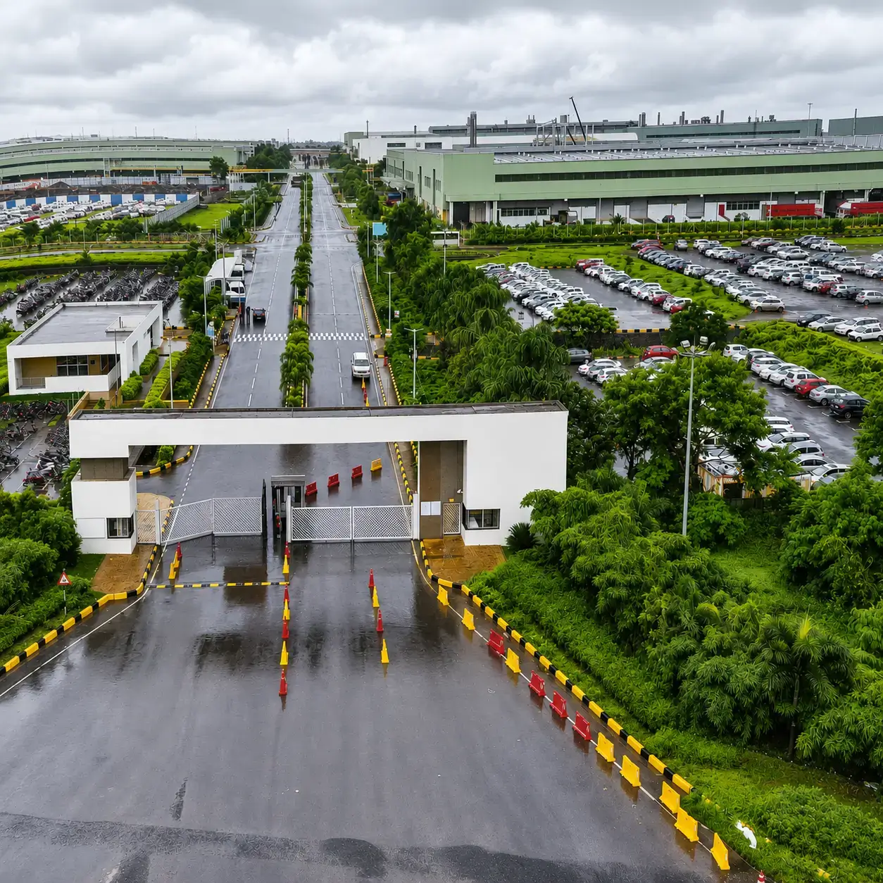 Aerial view of a gated factory entrance and modern manufacturing facilities in the Chakan Industrial Area.