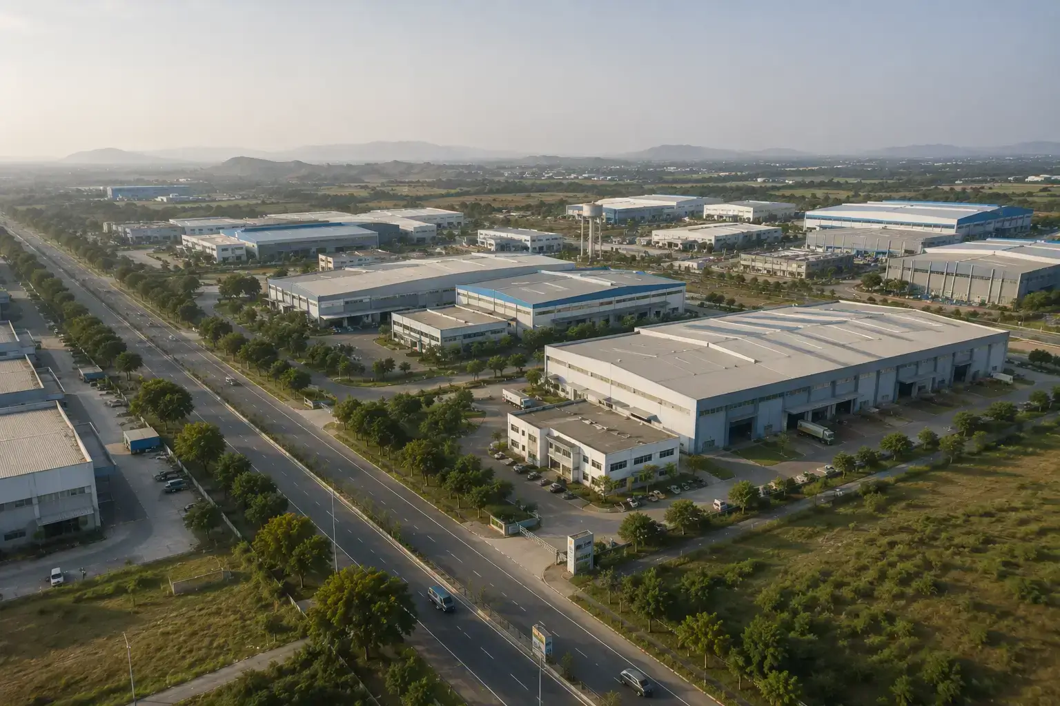 Aerial drone view of wide access roads, large industrial manufacturing plants, and warehouses in the Ranjangaon MIDC industrial area.