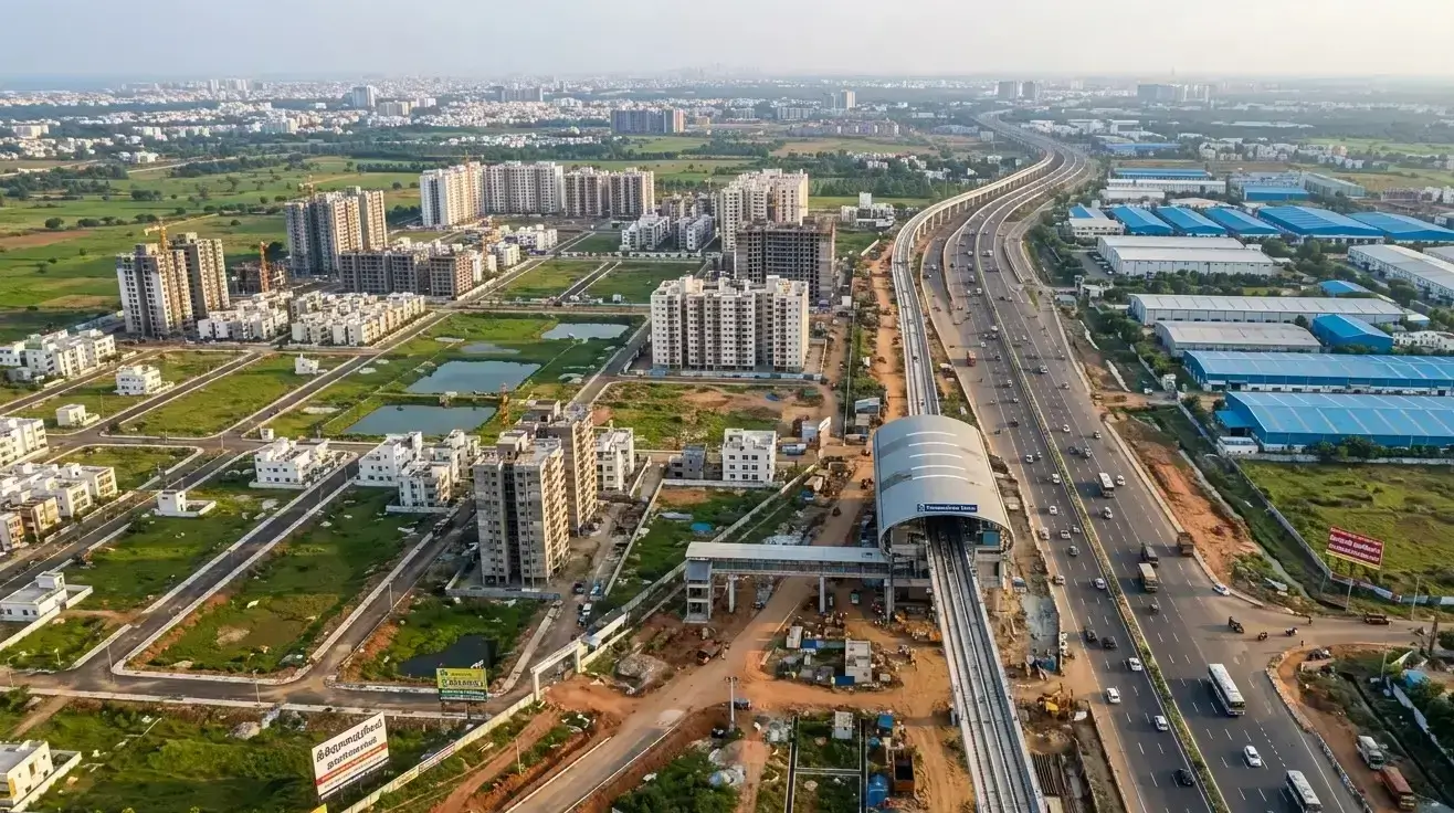 Aerial view of a metro station along a multi-lane highway, bordering high-rise residential buildings on one side and industrial sheds on the other in Wagholi, Pune.