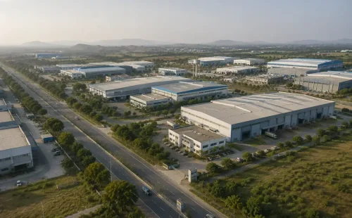 Aerial drone view of wide access roads, large industrial manufacturing plants, and warehouses in the Ranjangaon MIDC industrial area.